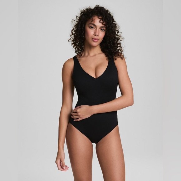 SPANX SWIM Elegant Black One-Piece Swimsuit with V-Neck - NWT - Size - Small - Picture 1 of 9